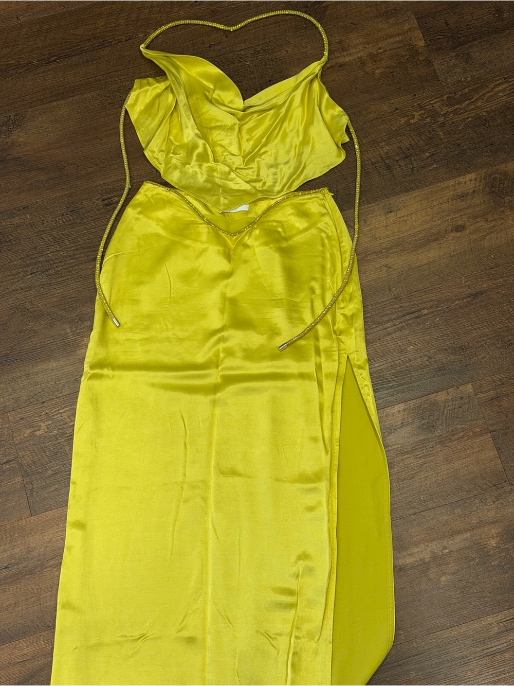 Meshki Lime Green Satin Cowl Crop Top & Slip Skirt Set - Picture 5 of 5